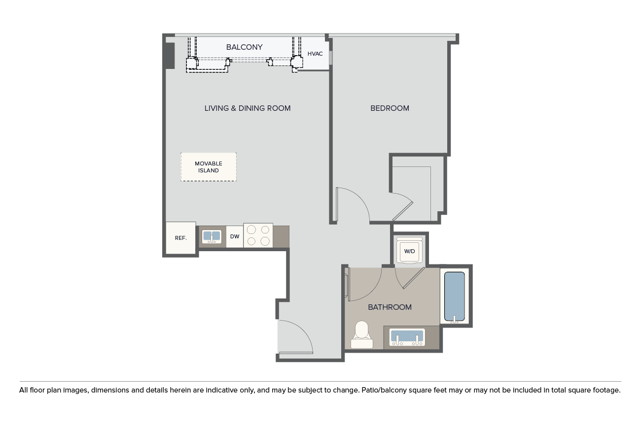 Floor plan for 1 bed, 1 bath, 714 sqft